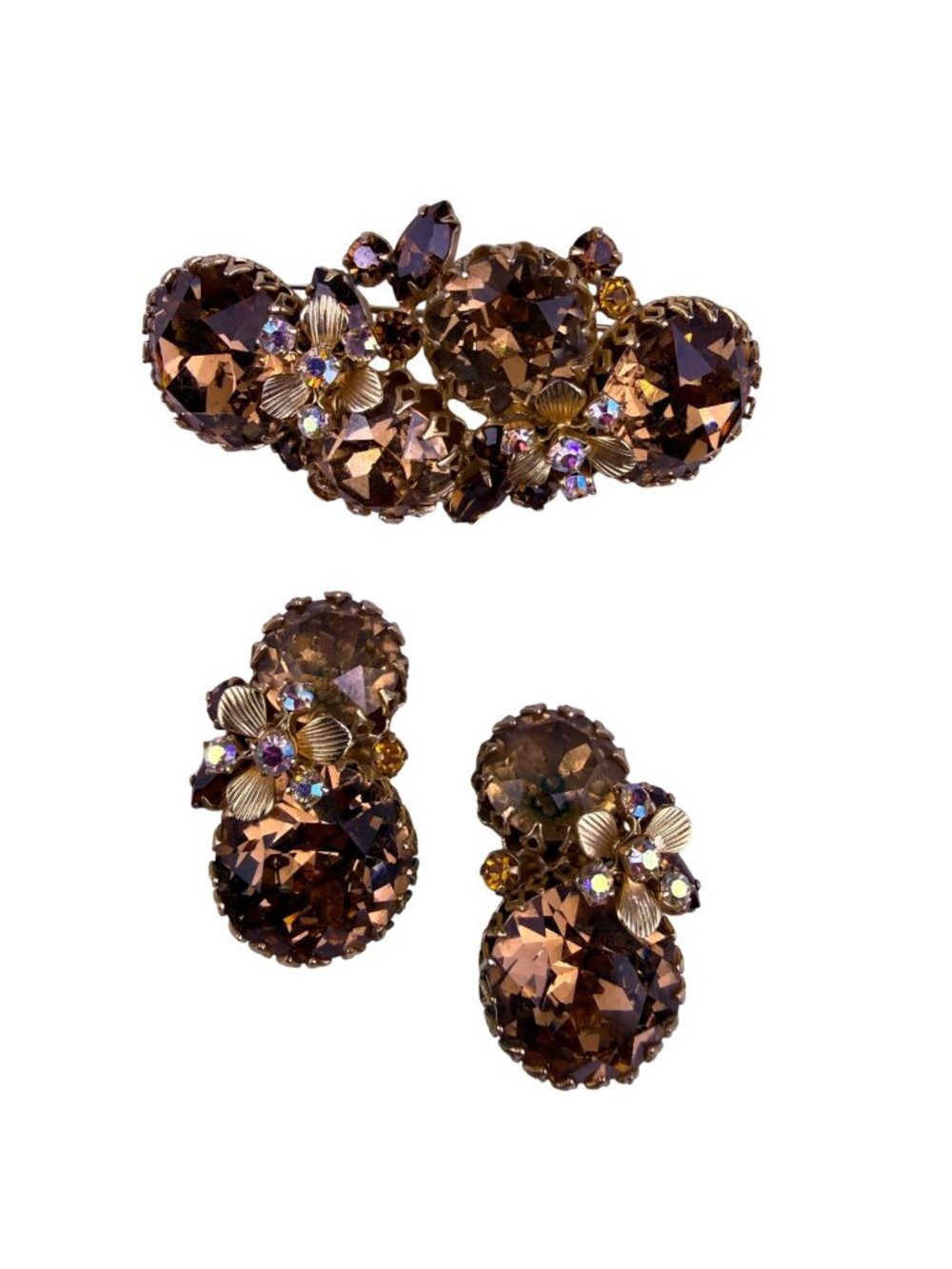Hattie Carnegie Womens Gold Tone Smoky Topaz Crystal Brooch & Clip-On Earrings S
